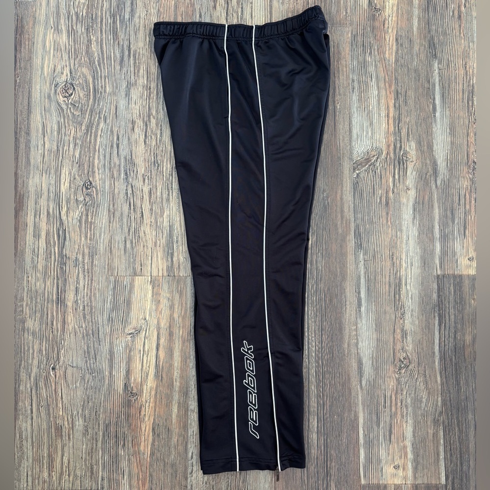 Vtg Reebok Track Pants Mens Lg Black White Logo Ankle Zip Drawstring Unlined